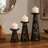 Moody Floral Mango Wood Pillar Black Candleholders Set of 3