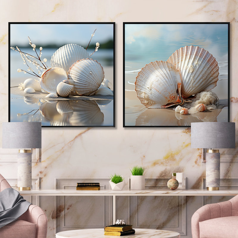 Photographie de coquillage blanc minimaliste - ensemble de 2 animaux carrés, Cadre flottant noir, H 16 po x l 33 po