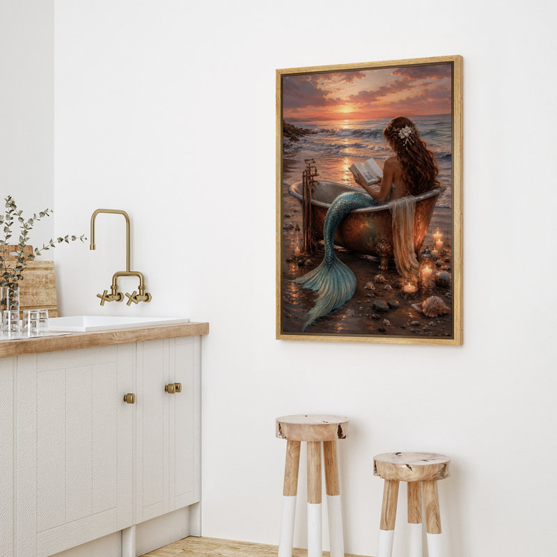 «Mermaid Reading in Bathaign Ocean Fantasy», reproduction d'art sur toile encadrée dans la chambre principale, Natural