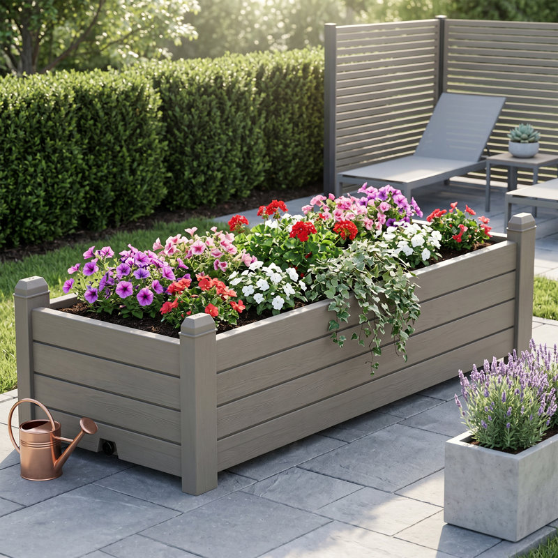 Outdoor Weatherproof Raised Planter Box with Drainage Holes, Gray