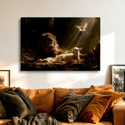Classic Lion and Lamb Religious Fine Art Stretched Canvas - Gallery Wrapped - Living Room Decor