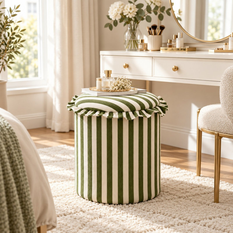 Pouf de rangement rond à rayures vertes avec coussin en chenille et design pliable