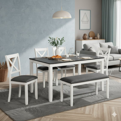 Ensemble de table de salle à manger 6 pièces avec banc, ensemble de table de salle à manger en bois pour 6 personnes, ensemble de table de salle à manger moderne pour 6 personnes pour la salle à manger, cuisine, finition bicolore grise et blanche