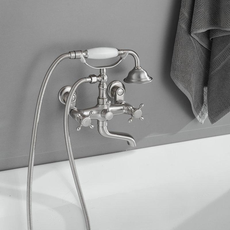 3-Handle Vintage Claw Foot Tub Faucet With Telephone Shaped Hand Shower Old Style Spigot And Hand Shower, Brushed Nickel