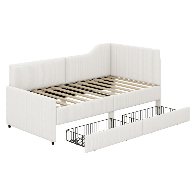 Lit de jour en L, structure de lit tapissier avec 2 tiroirs de rangement, Beige