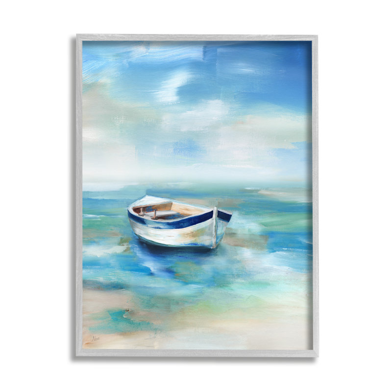 " Serene Misty Morning Row Boat Floating Ocean " Painting Print, 20" H x 16" W x 1.5" D, Farmhouse Gray Framed Giclee