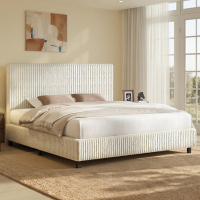 King Size Corduroy Upholstered Bed Frame with Thick Gap-Free Headboard, Cream