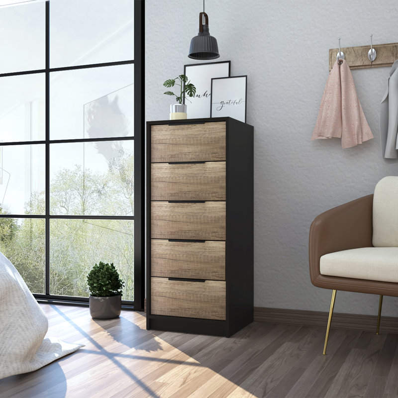 Kaia 5 Drawer Dresser, Vertical Dresser, Black Wenge/Light Oak