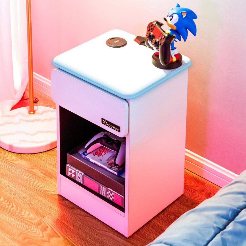 X Rocker Carbon-Tek LED Bedside Side Table with Wireless Charging and Drawer - White RGB, White