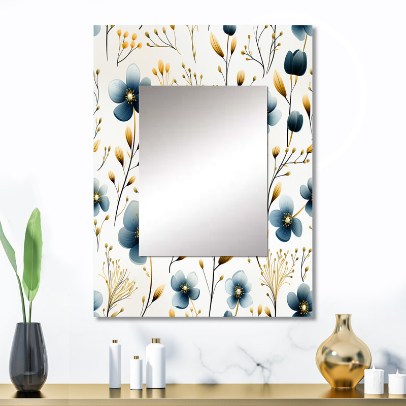Chelcia Blue And White Essence Petals Blooms Floral Pattern - Floral Wall Mirror, Floral Decorative Mirror, Printed Metal Art