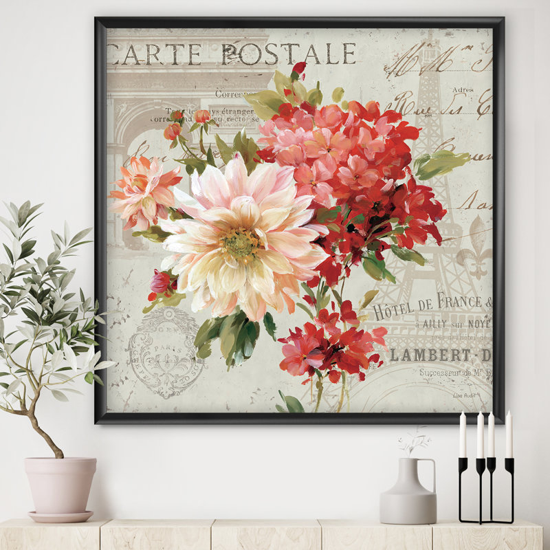 « red painted fleurs on rétro carte postale i », reproduction d’image sur toile, H 16 po x l 16 po x P 1 po, Cadre noir