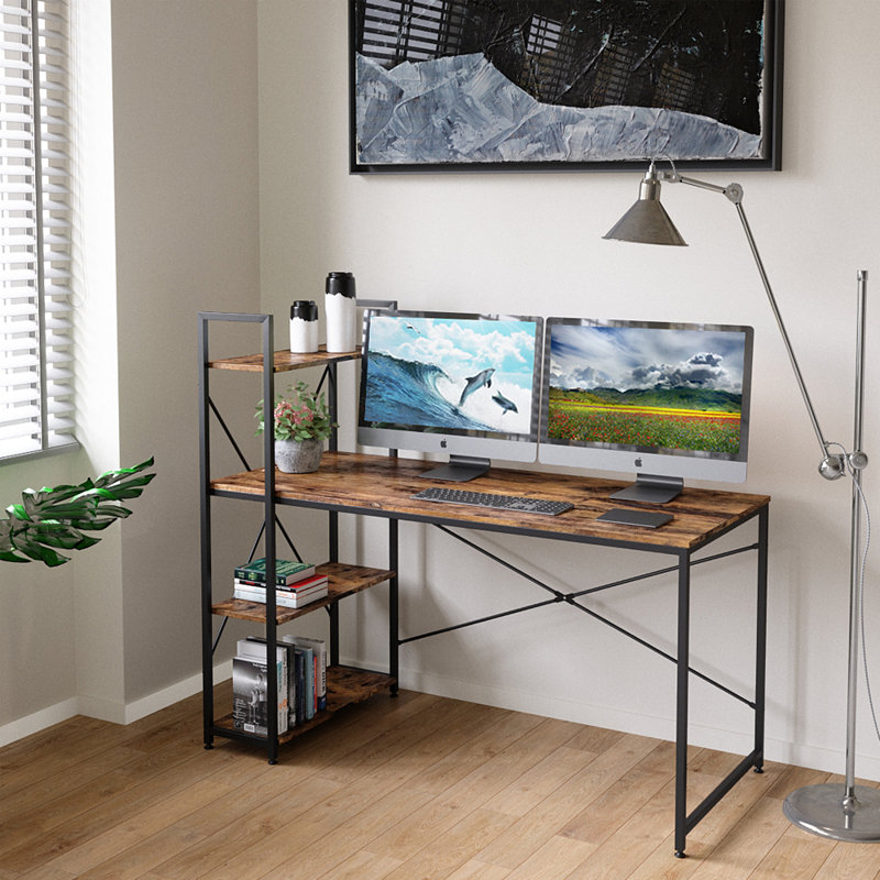 Metal Base Computer Desk, Rustic Brown, 121cm H x 140cm W x 64cm D