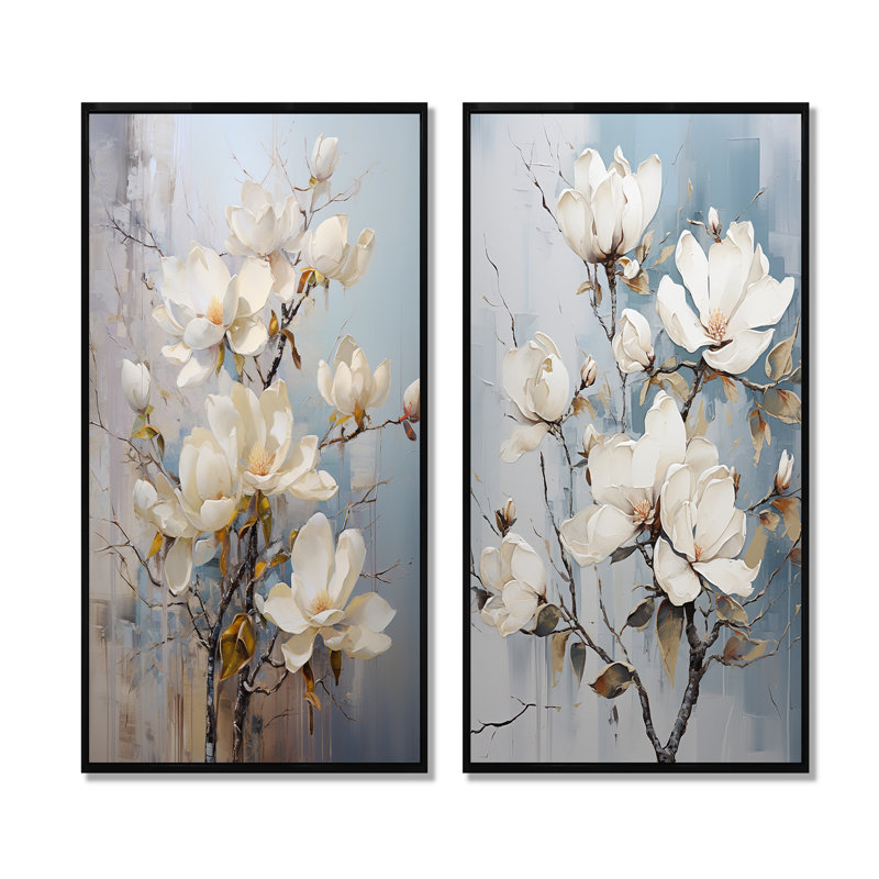 Ensemble de 2 décorations murales blanc et bleu Magnolia Blossom Beauty - Magnolias, H 32 po x l 33 po, Cadre noir