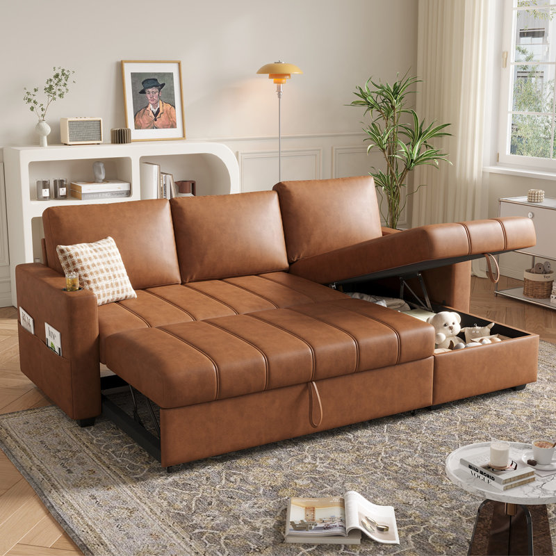 89" L-Shaped Sectional Sleeper Sofa with Hidden Storage, Faux Leather Pull-Out Sofa Bed for Living Room, Brown Faux Leather
