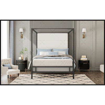 Modern Canopy Bed With Tall Velvet Fabric Upholstered Headboard And Sturdy Metal 4-Poster Frame, Requires Box Spring,