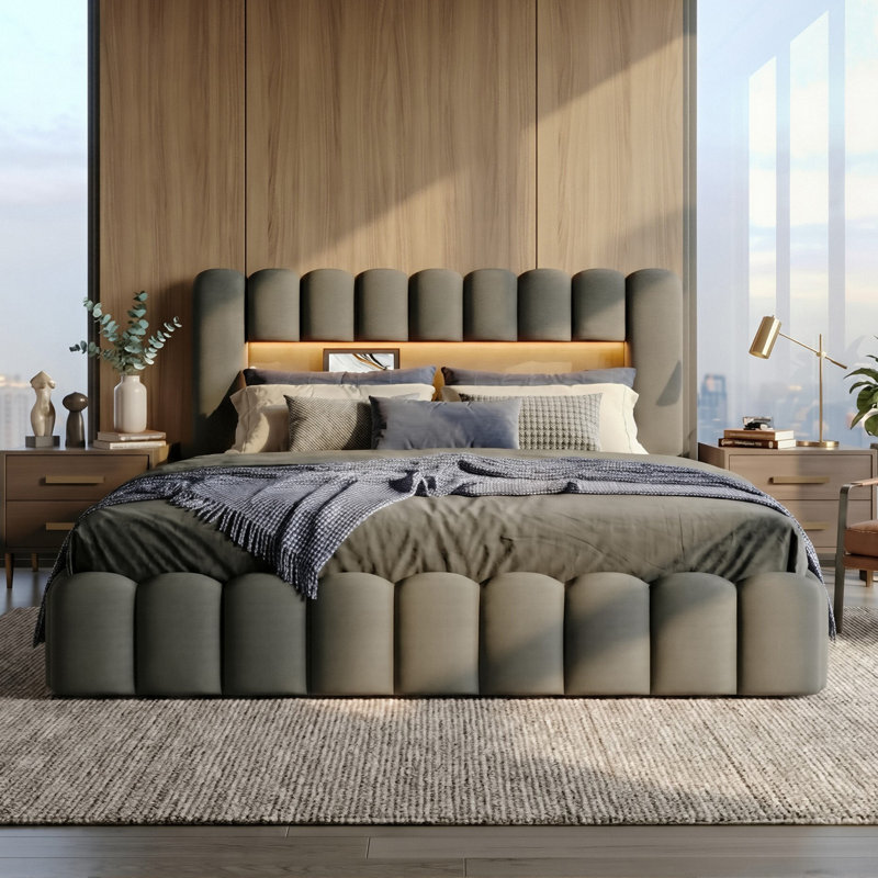 Linen Upholstered Ottoman Bed With Charging Station (USB/Type-C) & Smart LED Storage Headboard, Bubble Cloud Bed Frame in Grey/Beige (EU Double/King 140/160X200cm)