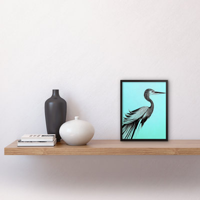 Heron Pen Ink Black On Baby Blue - Single Picture Frame Print