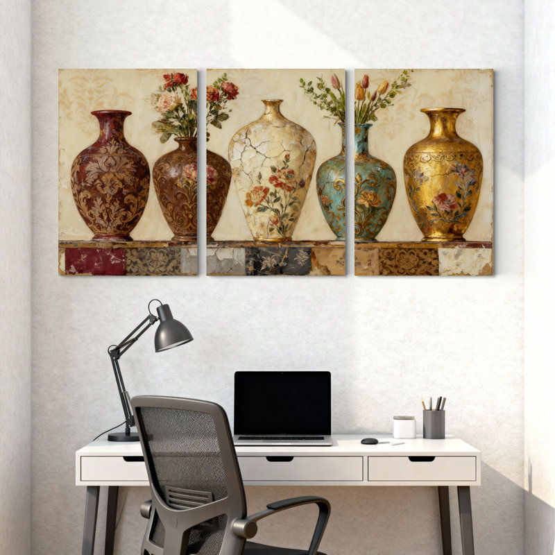 ensemble de 3 vases élégants avec motifs floraux et reflets, H 18 po x l 36 po