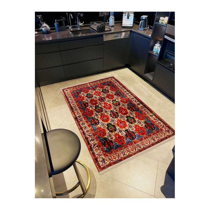 Tapis décoratif tissé à motif traditionnel multicolore lavable à la machine, Sous-tapis rectangulaire 2 pi 6 po x 4 pi 11 po