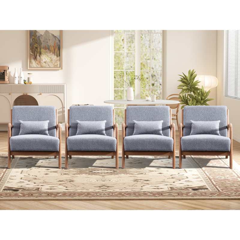 Cashel 25.78" Wide Mid Century Upholstered Accent Chair with an Extra Pillow(Set of 4), Gray Linen Blend