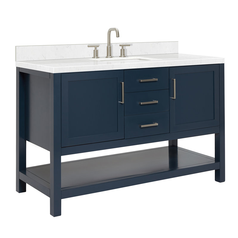 Bayhill 42'' Free Standing Single Bathroom Vanity with Quartz Top, Midnight Blue, 54" W, Carrara White Quartz