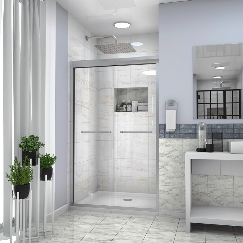 Cabine de douche coulissante demi-cadre l 48 po x H 76 po, 5/16 po (8 mm), nickel brossé