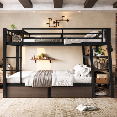 Bunk Bed Full Over Full, Metal Bunk Beds With Storage Shelves, Two Drawers, Led Light Strip, And Usb Power Strip, Upper Bed With Desk, For Kids Teens Adults, Space-saving, Silent Design, Black