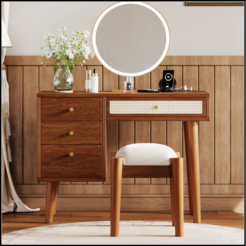 Ensemble de coiffeuse à maquillage rétro en bois bohémien avec prise de charge, port USB, tabouret et tiroirs de rangement multiples