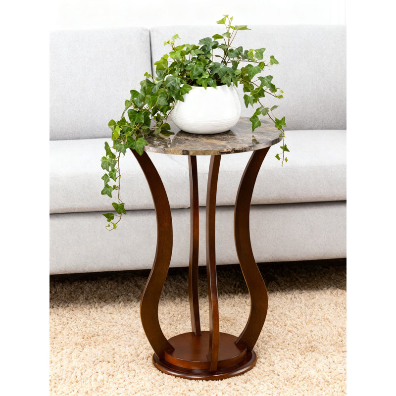Support pour plante rond Elton avec plateau en faux marbre et tablette intégrée