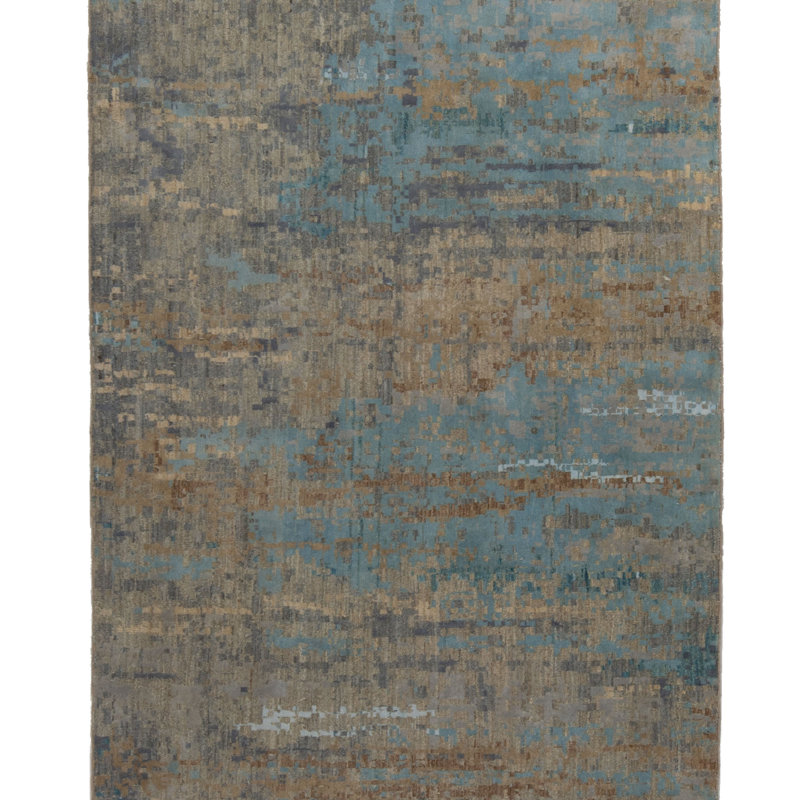 Gray & Blue Modern Wool Silk Blend Runner - 4' x 13'7"