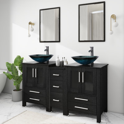 Meuble-lavabo double 60 po avec comptoir en bois manufacturé, lavabo en verre, robinet et drain Khristophore