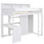 Lit mezzanine en bois avec plusieurs tablettes de rangement et garde-robe-319379484