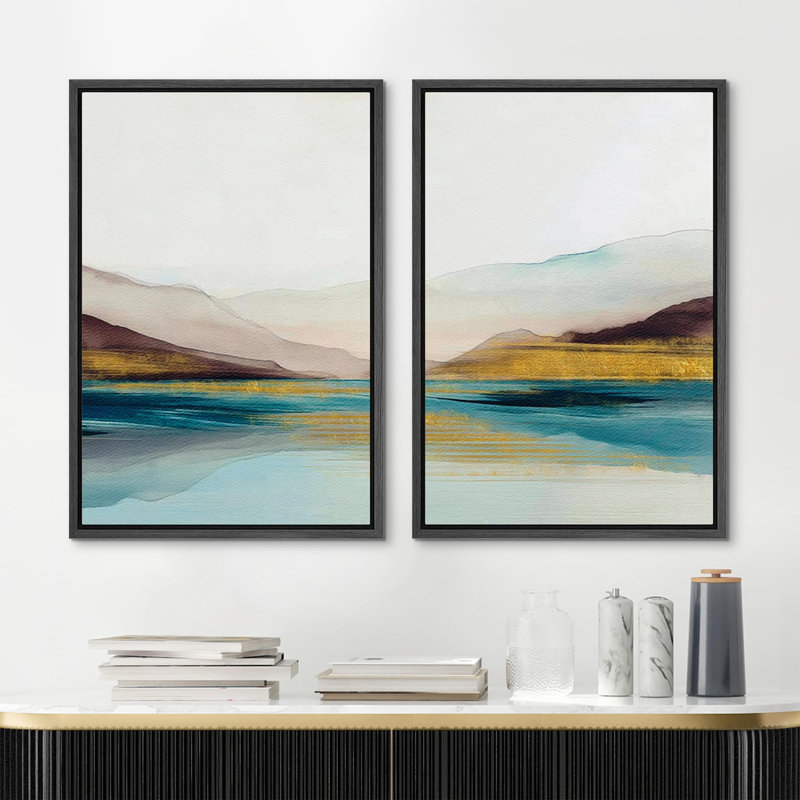 «Mid-Century Modern Brown Abstract Polygon», 2 pièces sur toile, Cadre noir, H 36 po x l 24 po