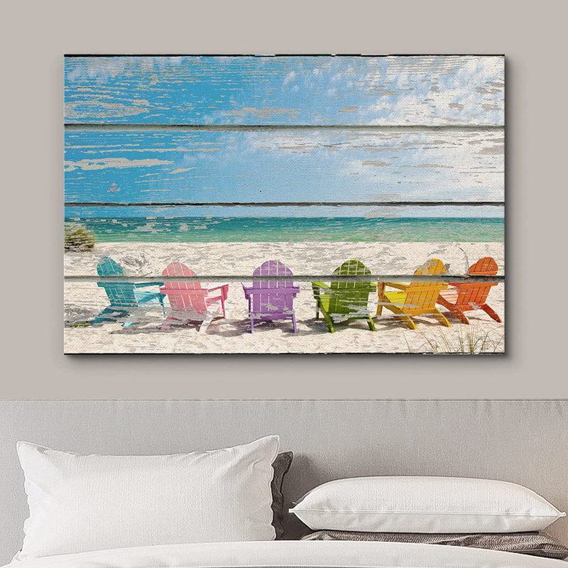 Coastal Beach " Colorful Beach Chairs On The Soft Sand Beach ", 12" H x 18" W, Wrapped Canvas, No Frame
