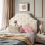 Tête de lit simple ivoire en tissu d'aspect lin - Point de diamant touffeté avec garniture cloutée et pieds réglables en métal-1479868486