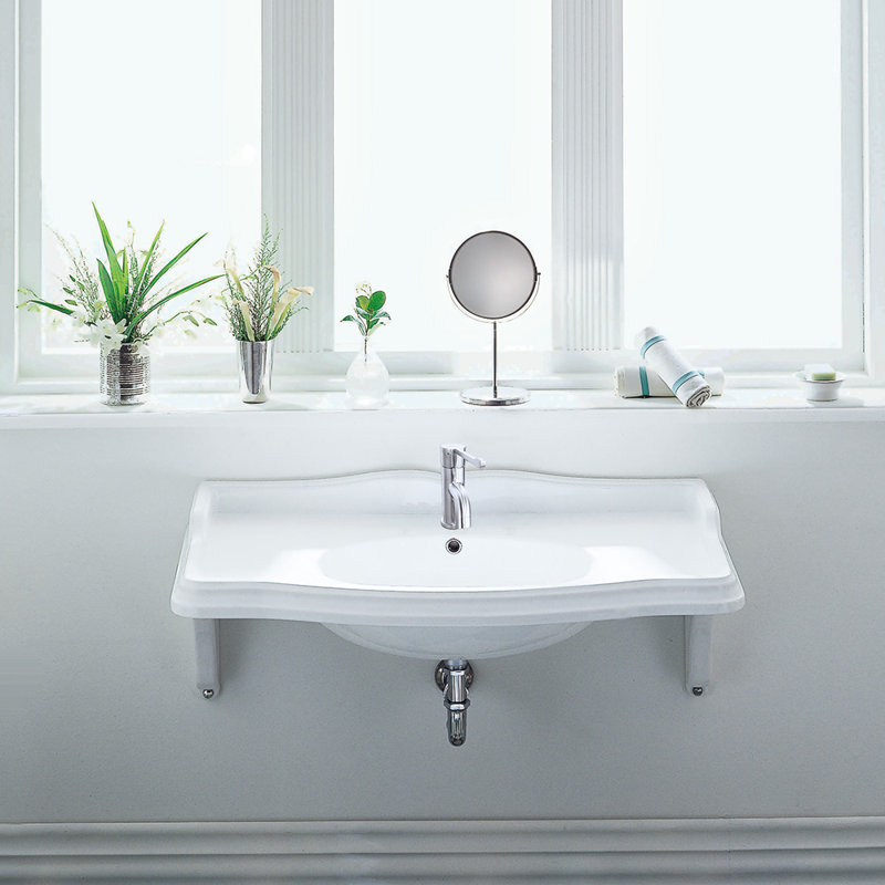 Whitehaus 35" Large Traditional Wall Mount Basin with Integrated Oval Bowl and Ceramic Shelf Supports, Single Hole