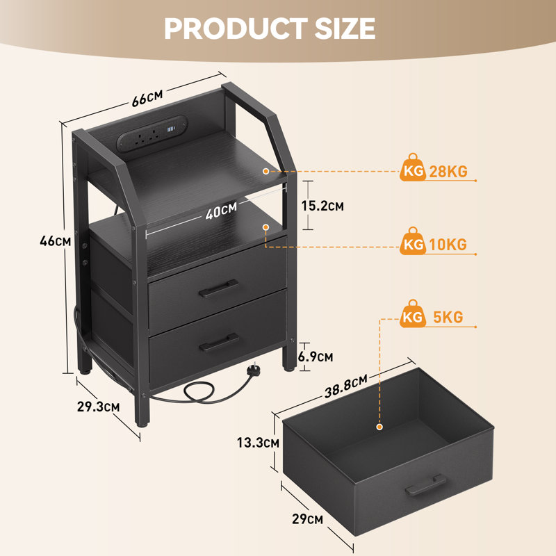 66cm W Steel Bedside Table, Black