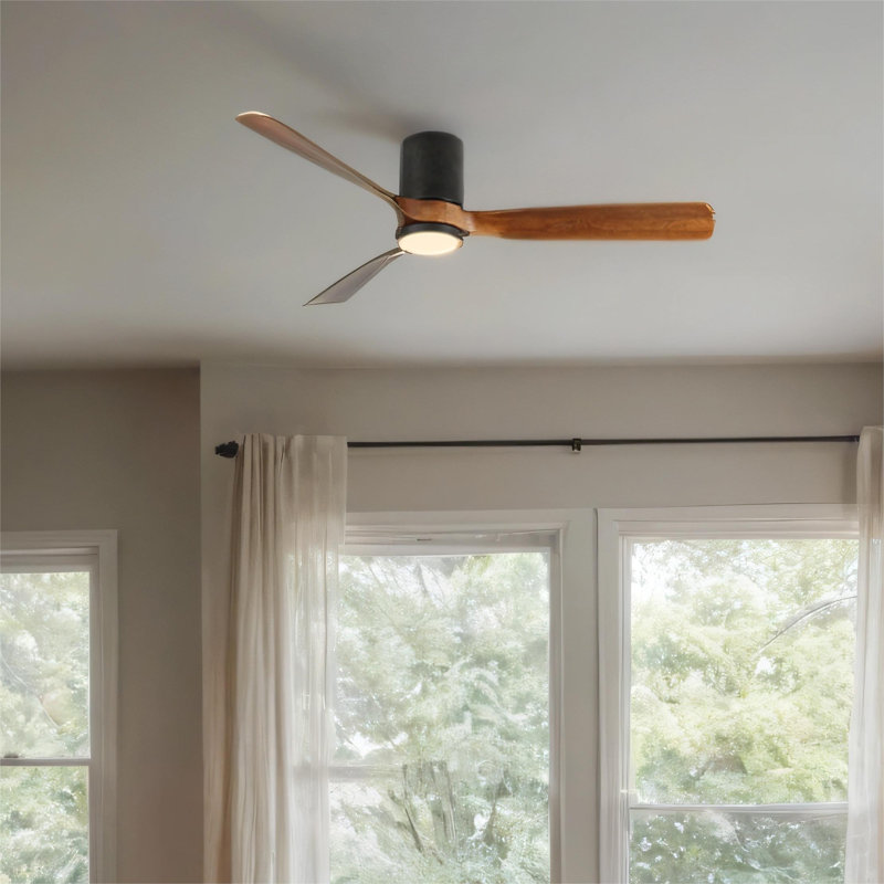 Ventilateur de plafond encastré noir mat intérieur / extérieur 60 po à DEL avec pales en bois, télécommande CC 6 vitesses