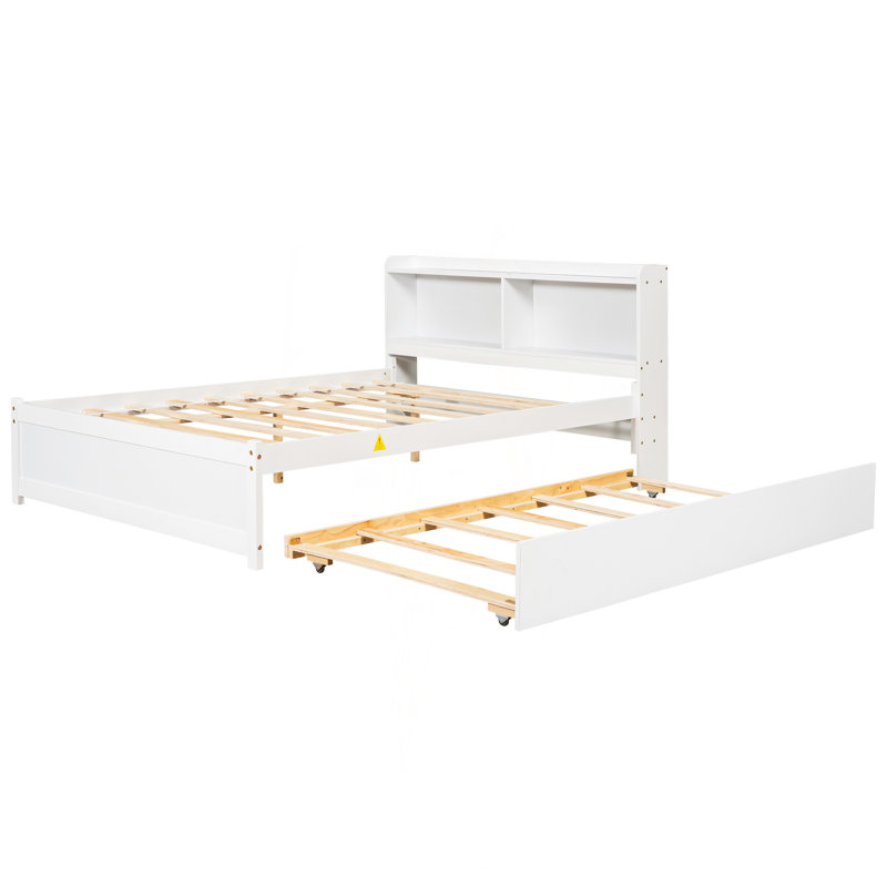 Lit double avec lit gigogne, bibliothèque, blanc, Blanc