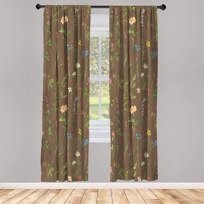 Microfiber Floral Semi-Sheer Rod Pocket Curtain Panels, 28" W x 95" L, Brown/Green