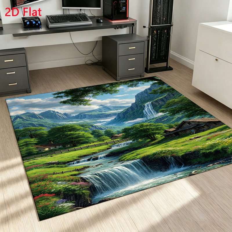 Scenic Mountain Waterfall Area Rug, Vibrant Landscape Floor Carpet, Artistic Nature Scene, Anti-slip Indoor Mat for Living Room, Bedroom, Home Decor