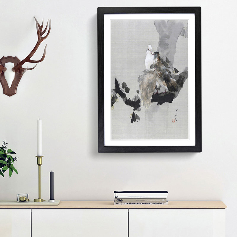 Pigeons in a Tree by Watanabe Seitei - Framed Print, 48cm H x 36cm W x 2cm D, Black Framed