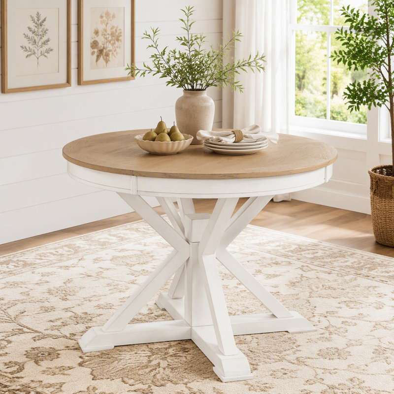 Table de salle à manger rétro avec rallonge papillon et base en forme de X, Blanc cassé
