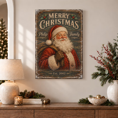 «Merry Santa Claus on Vintage Wood Christmas», art mural sur toile