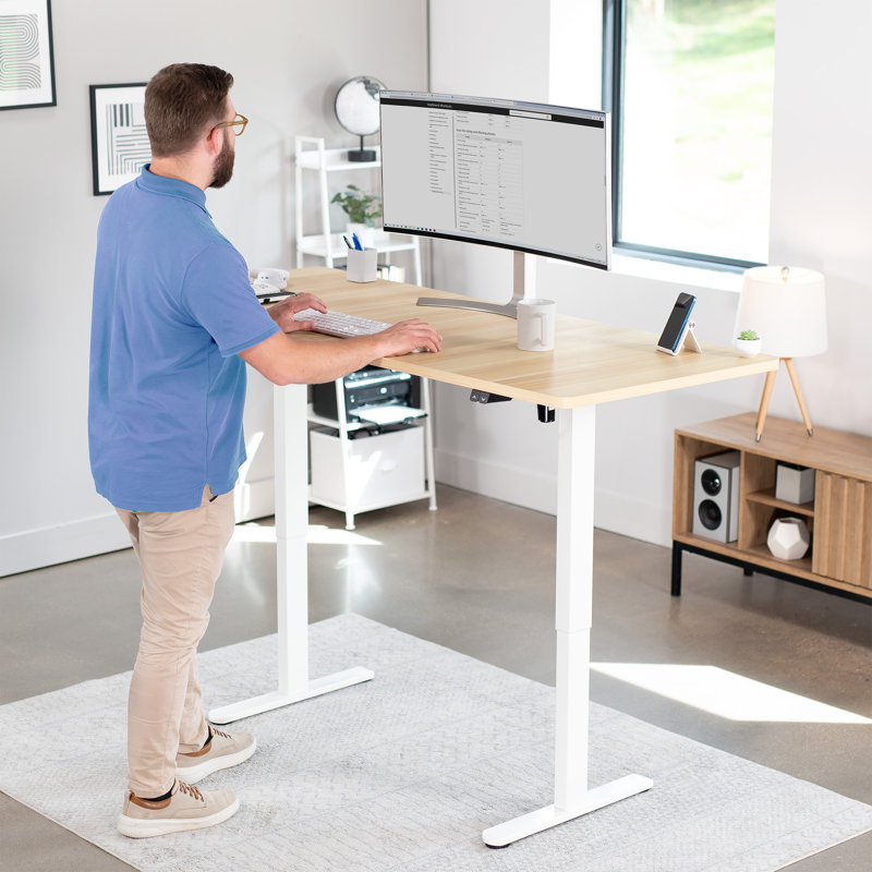 Vivo Electric Stand Up Desk, Light Wood, 70.9" W, White