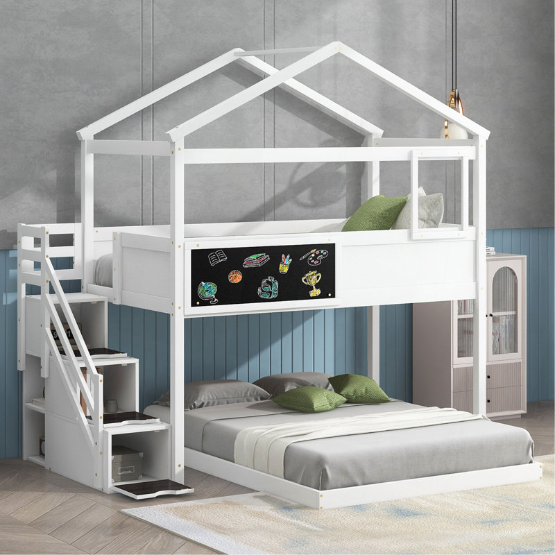 Lit superposé simple au dessus d'une chambre double avec escalier de rangement et tableau noir, Blanc