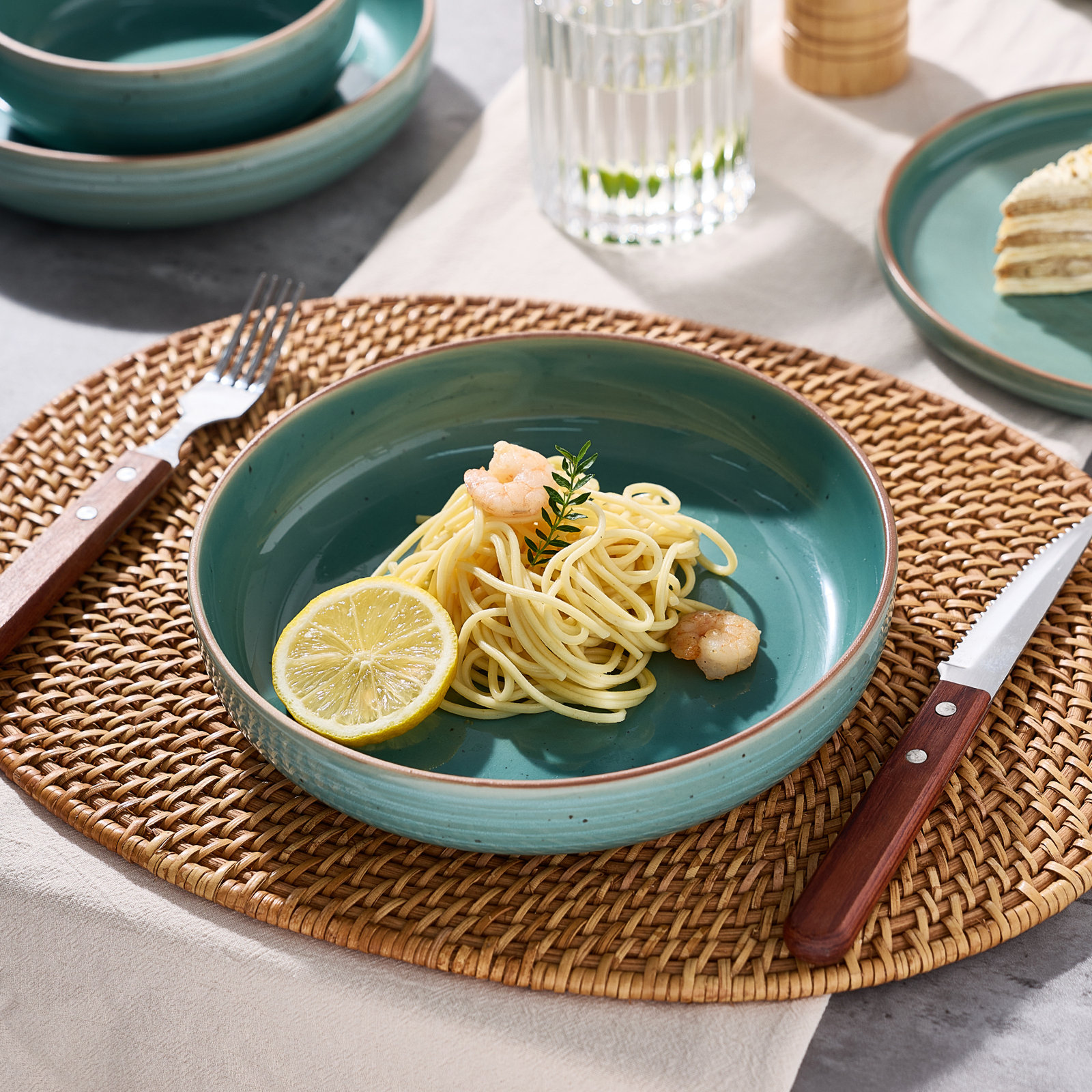8.5" W Striped Round Pasta Bowls, Bluish Green