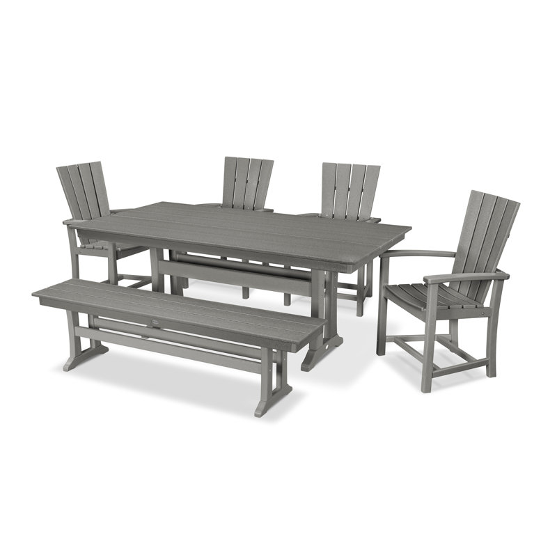 Quattro 6-Piece Farmhouse Dining Set with Trestle Legs and Bench, Slate Gray