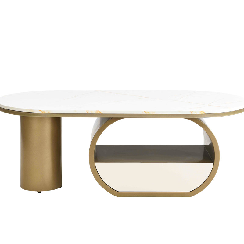 Table basse moderne de luxe 47,94 po avec tiroir de rangement, conception ovale, plateau en faux marbre, métal doré pour le salon, fabrication, pieds réglables, emballage sécuritaire
