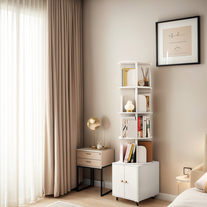 Bibliothèque rotative 5 niveaux à 360 degrés avec tiroir, étagère de rangement en bois blanche pour chambre à coucher, Blanc
